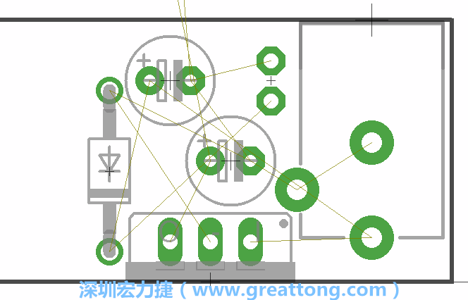 如同第一篇的步驟，我們將從電源迴路開始著手，移動電源插座（Power Jack）、電壓調整器、二極體、兩個電容和輔助接頭JP1到如上圖所示的位置。