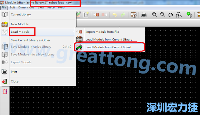 進(jìn)入Module Editor去載入其他Footprint(Module)進(jìn)來(lái)， 從目前的Active library (不過(guò)要先選取一個(gè)Current library ) 載入Module 或從目前正在編輯的PCB載入Module。